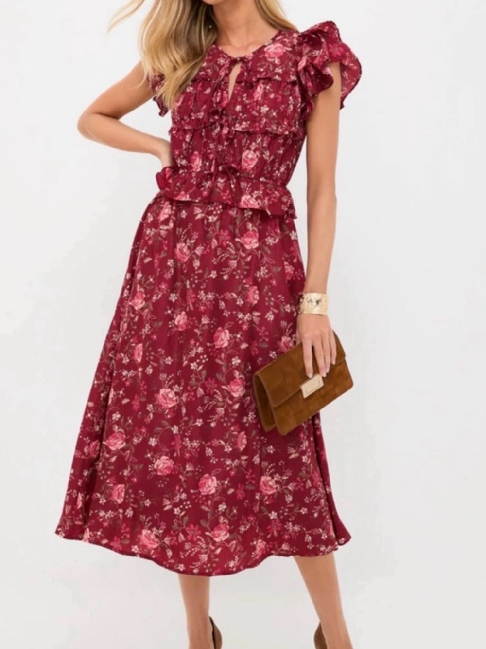 NWT Moon River from Tuckernuck Oxblood multi Floral Ruffle Midi Dress Size M
